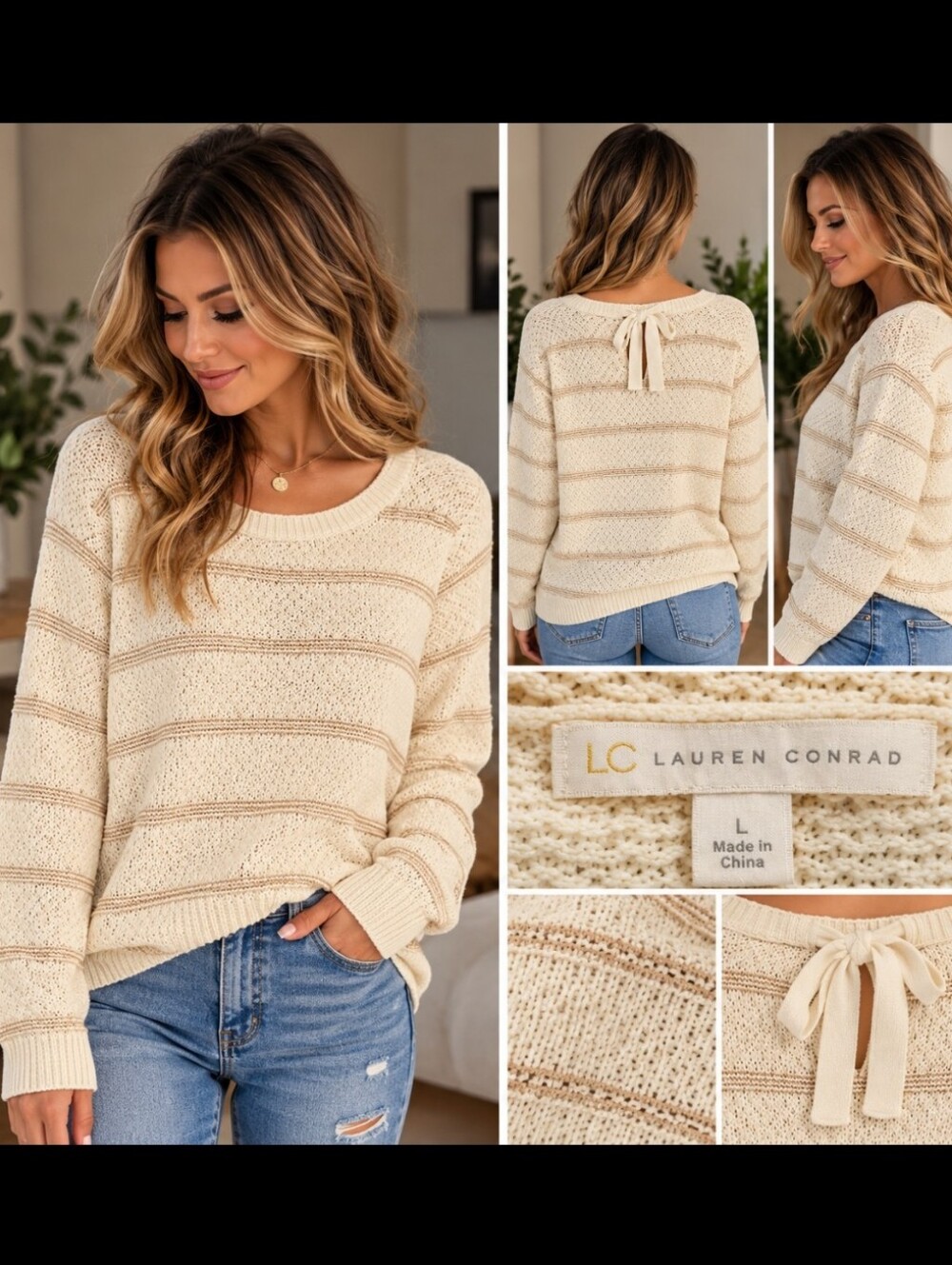 LC Lauren Conrad Cream Striped Scoop-Neck Knit Sweater with Back Tie